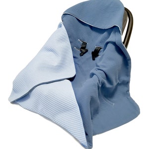 Babyschale Babydecke Sommer 3 und 5-Punkt-Gurtsystem 2w1 Handtuch Waffelpiqué Einschlagdecke Geburt Cybex Maxi Cosi Jeans/Light blue