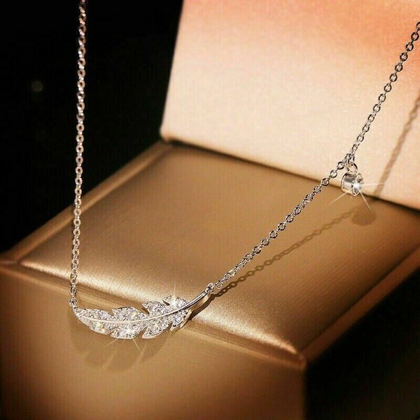 Feather Silver Diamond Necklace, 2.1 Ct Diamond Necklace, 14K White Gold, Engagement Diamond Pendant With Chain, Party Wear Necklace, Gift's
