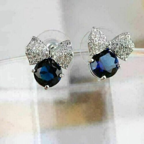 Stud Sapphire Earrings, Bow Sapphire Stud Earrings, 2.2 Ct Round Cut Diamond Earrings, Wedding Earrings, 14K White Gold, Party Wear Earrings