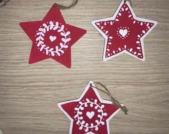 Set of 3 Hand Painted Wooden Christmas Tree Decorations | Red and White Scandi Style | Hygge | Natural | Minimalist | by Kate Frances