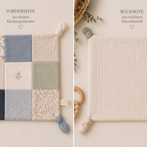 May include: A baby comfort blanket, square in shape, with a patchwork design on one side and plain muslin on the other. The patchwork side has squares of floral, striped, and solid fabrics in blue, beige, and green. Knotted corners.