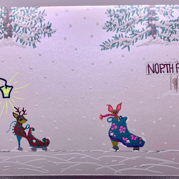 Original Hand-drawn Season's Greeting Card, Reindeer & Chihuahua driving to the North Pole, Sam the Snowman waving to the weary travelers.