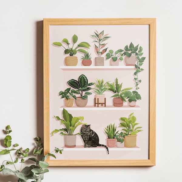 Illustration - étagère aux plantes avec un chat - Affiche A4/A3 - Cat - Plantes illustration - Print - Art mural - chat - affiche