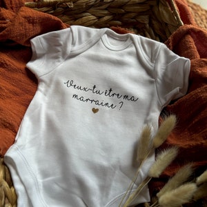 Baby bodysuit asks godmother "Do you want to be my godmother?", godmother announcement