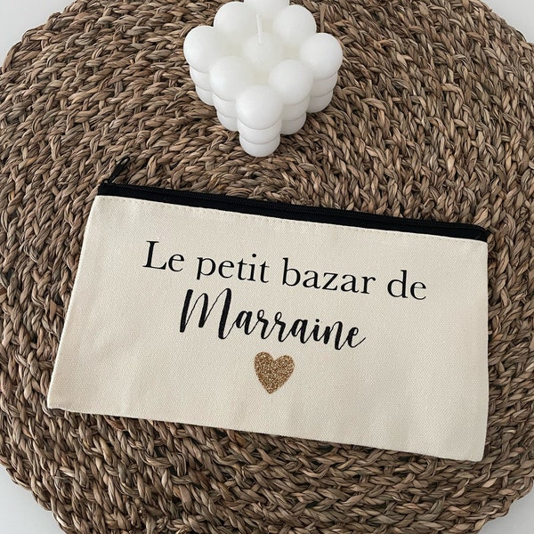 Trousse personnalisée marraine, cadeau marraine, pochette "Le petit bazar de Marraine"