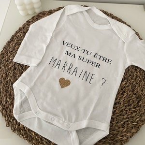 Personalized baby bodysuit requesting godmother