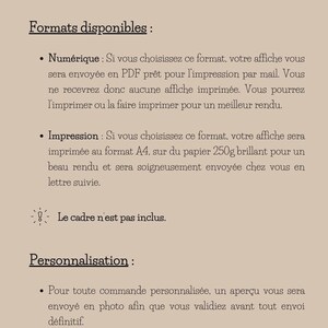 May include: Information sheet for personalized posters. The sheet lists the available formats, including digital and printed, and details the personalization process. It also includes the contact information for the seller, "Mille et un Souvenirs".