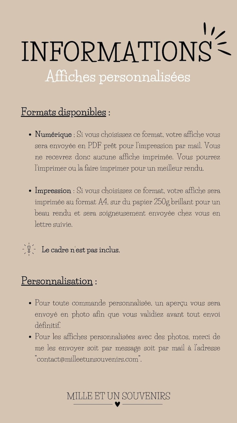 May include: Information sheet for personalized posters. The sheet lists the available formats, including digital and printed, and details the personalization process. It also includes the contact information for the seller, "Mille et un Souvenirs".