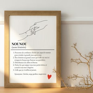 May include: A black and white line drawing of two hands holding each other. The text below the drawing reads "NOUNOU (nom f&eacute;minin)" and defines the word as a person of trust chosen by parents to help a child grow. The text also describes a nounou as a caring, loving, and supportive person who provides comfort and care to a child.