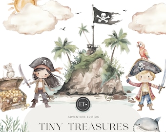 Cute Pirate Clipart - Caribian Clipart - Treasure Trove Clipart - Island Clipart - Parrot - Pirate Ship -  COMMERCIAL LICENSE INCLUDED