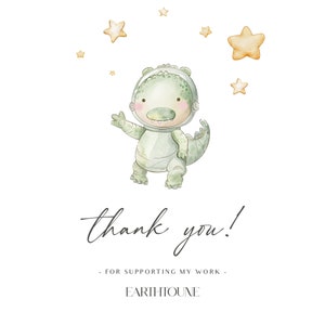 May include: A watercolor illustration of a green alligator wearing an astronaut helmet and spacesuit. The alligator is surrounded by yellow stars. The text "thank you!" is written below the alligator, followed by "FOR SUPPORTING MY WORK - EARTHIOUNE".