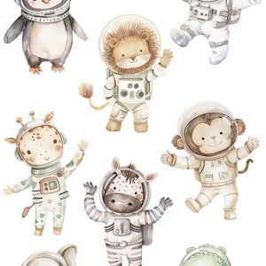 May include: Watercolor illustration of a set of safari animals dressed as astronauts. The animals include a penguin, lion, giraffe, zebra, elephant, monkey, and crocodile. Each animal is wearing a white spacesuit with a helmet and a backpack. The illustration is set against a white background.