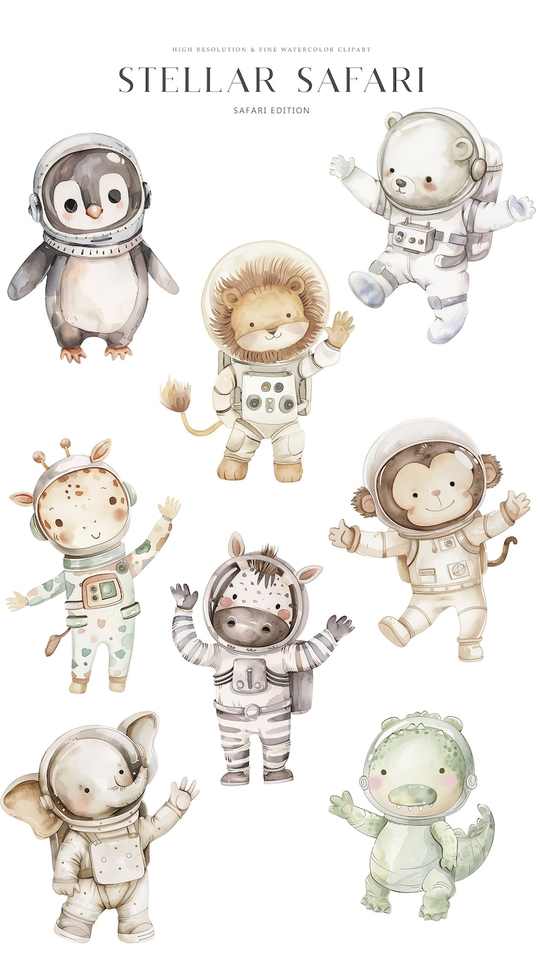 May include: Watercolor illustration of a set of safari animals dressed as astronauts. The animals include a penguin, lion, giraffe, zebra, elephant, monkey, and crocodile. Each animal is wearing a white spacesuit with a helmet and a backpack. The illustration is set against a white background.