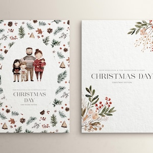 Peut inclure: Un ensemble de clipart num&eacute;rique sur le th&egrave;me du jour de No&euml;l avec une famille de quatre personnes sur un fond aquarelle de branches de pin, de baies et de flocons de neige. Le texte "Christmas Day" est inclus dans le design.