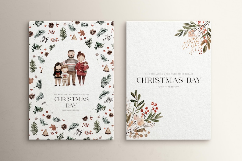 Peut inclure: Un ensemble de clipart num&eacute;rique sur le th&egrave;me du jour de No&euml;l avec une famille de quatre personnes sur un fond aquarelle de branches de pin, de baies et de flocons de neige. Le texte "Christmas Day" est inclus dans le design.
