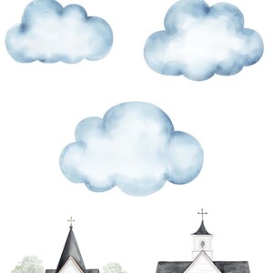 May include: Watercolor illustration of three blue clouds and two white churches with black roofs and doors. The text "LITTLE LOVEBIRDS" is written in black above the clouds. The text "SPECIAL EDITION" is written in black below the clouds.