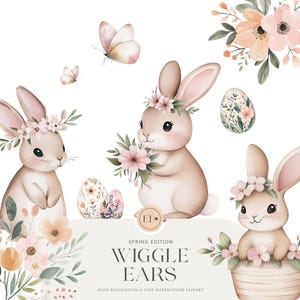 Joli clipart de Pâques - aquarelle lapins de Pâques - Clipart printemps - graphiques pour chambre d'enfant - oeuf de Pâques PNG - usage Commercial