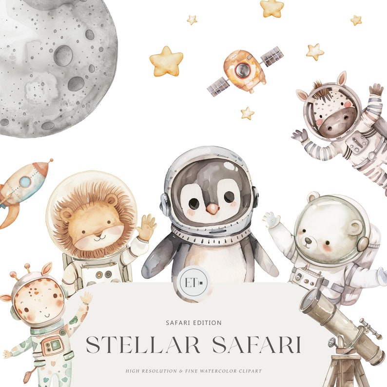K&ouml;nnte beinhalten: Aquarell-Illustration einer Astronauten-Crew aus Safari-Tieren. Ein L&ouml;we, ein Zebra, ein Pinguin, eine Giraffe und ein Eisb&auml;r tragen Astronautenanz&uuml;ge. Die Illustration enth&auml;lt eine Rakete, einen Satelliten, Sterne und einen Mond. Der Text "Stellar Safari" ist im Bild geschrieben.