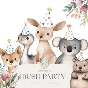 Animais fofos de festa australianos clipart - clipart de aquarela - clipart de coala - animais australianos - aniversário - clipart de canguru - USO COMERCIAL