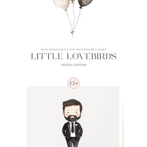 May include: A watercolor illustration of a cartoon man wearing a black suit and a white shirt with a black bow tie. He has a brown beard and brown hair. The illustration is on a white background with the text "LITTLE LOVEBIRDS SPECIAL EDITION" above the illustration.