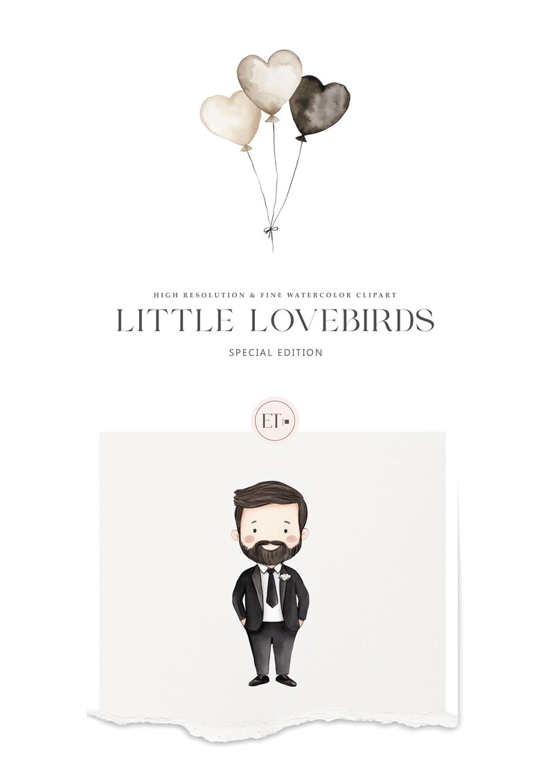 May include: A watercolor illustration of a cartoon man wearing a black suit and a white shirt with a black bow tie. He has a brown beard and brown hair. The illustration is on a white background with the text "LITTLE LOVEBIRDS SPECIAL EDITION" above the illustration.