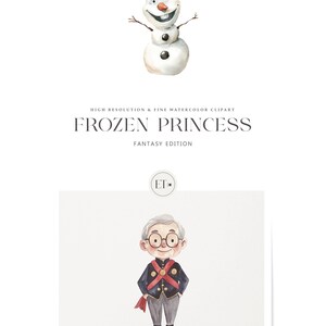May include: Watercolour illustration of a snowman with a carrot nose and a friendly smile. The snowman is wearing a black top hat and has a twig for arms. The illustration is titled "Frozen Princess Fantasy Edition".