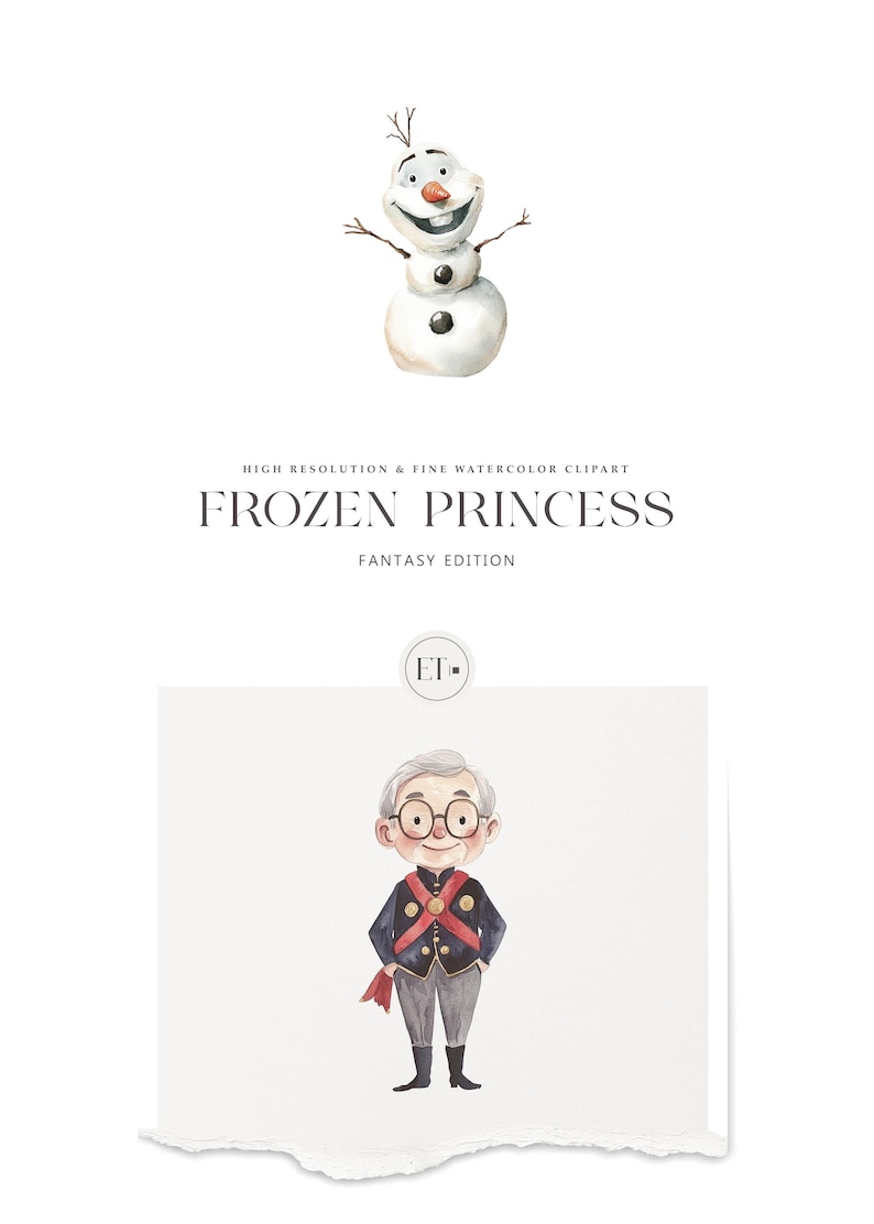 May include: Watercolour illustration of a snowman with a carrot nose and a friendly smile. The snowman is wearing a black top hat and has a twig for arms. The illustration is titled "Frozen Princess Fantasy Edition".