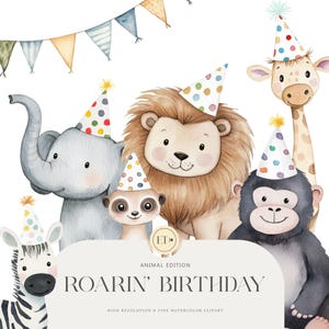 Clipart fofo de aniversário de safári, animais de safári, clipart de aquarela PNG, clipart de festa, aniversário de safári, animais selvagens, uso comercial
