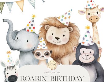 Può includere: Illustrazione ad acquerello di una zebra, un elefante, un leone, una scimmia e una giraffa che indossano cappelli da festa. L'illustrazione è su uno sfondo bianco con uno striscione di bandiere colorate. Il testo "Roar'n Birthday" è scritto in grassetto sotto gli animali.