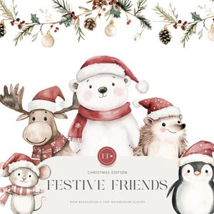 Peut inclure: Illustration aquarelle d'un ensemble de cinq amis animaux de No&euml;l. Un renne, un ours polaire, un h&eacute;risson, une souris et un pingouin portent des bonnets de P&egrave;re No&euml;l et des &eacute;charpes. L'illustration est intitul&eacute;e "Festive Friends" et dit "Christmas Edition".