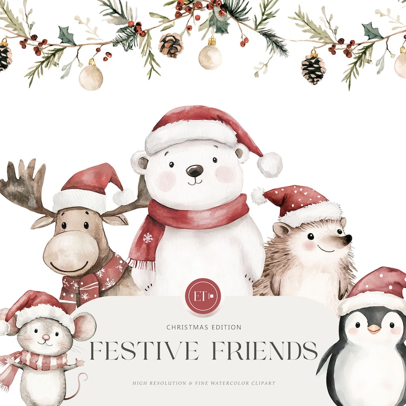Peut inclure: Illustration aquarelle d'un ensemble de cinq amis animaux de No&euml;l. Un renne, un ours polaire, un h&eacute;risson, une souris et un pingouin portent des bonnets de P&egrave;re No&euml;l et des &eacute;charpes. L'illustration est intitul&eacute;e "Festive Friends" et dit "Christmas Edition".