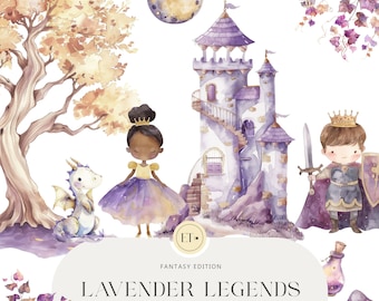 Cute Princess Clipart - Watercolor Clipart - Nursery Clipart - Fantasy Clipart - Prince Clipart - Dragons - COMMERCIAL LICENSE INCLUDED
