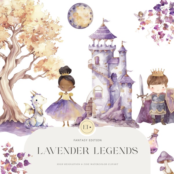 Lavender Princess Nursery Clipart - Watercolor Legends - Fantasy Clipart - Prince Clipart - Dragons - COMMERCIAL LICENSE INCLUDED