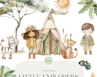 Cute Safari Clipart - Watercolor Safari - Safari Tour Clipart - Wild Animals Safari - Africa Clipart - Animals - COMMERCIAL LICENSE INCLUDED