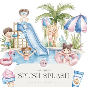 Leuke poolparty - aquarel clipart - zomerse Cliparts voor kinderen - kinderverjaardagsfeestje, kinderkamer aan het zwembad - COMMERCILE LICENTIE INBEGREPEN
