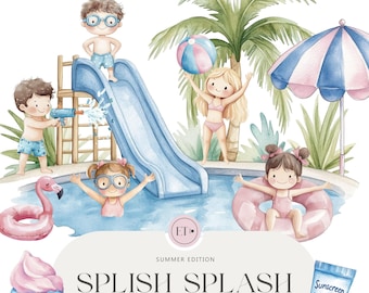 Cute Pool Party Clipart - Watercolor Clipart - Summer Cliparts for Kids - Children&#39;s Birthday Party, Nursery Poolside - COMMERCIAL USE
