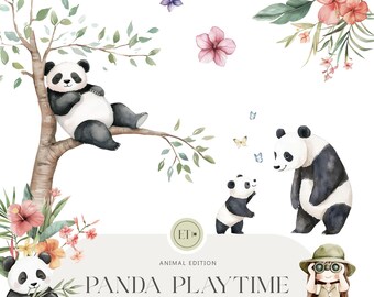 Cute Panda Clipart - Bamboo Clipart - Playful Pandas - Animals Clipart - Birthday Clipart - COMMERCIAL LICENSE