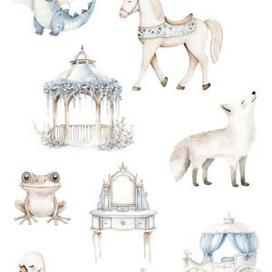 May include: Watercolour illustrations of a blue dragon, white horse, a gazebo with blue accents, a white fox, a green frog, a vanity with a mirror, a white swan, a blue and white castle, and a blue and white carriage. The illustrations are in a whimsical style and are perfect for a nursery or children's room.