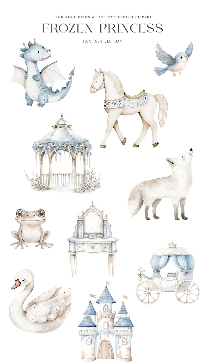 May include: Watercolour illustrations of a blue dragon, white horse, a gazebo with blue accents, a white fox, a green frog, a vanity with a mirror, a white swan, a blue and white castle, and a blue and white carriage. The illustrations are in a whimsical style and are perfect for a nursery or children's room.