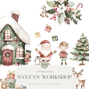 Peut inclure: Une illustration aquarelle de l'atelier du P&egrave;re No&euml;l avec une maison verte, un sapin de No&euml;l, un renne, un lutin, le P&egrave;re No&euml;l, un pingouin, un casse-noisette et des cadeaux. L'illustration est dans un style fantaisiste avec un fond blanc.