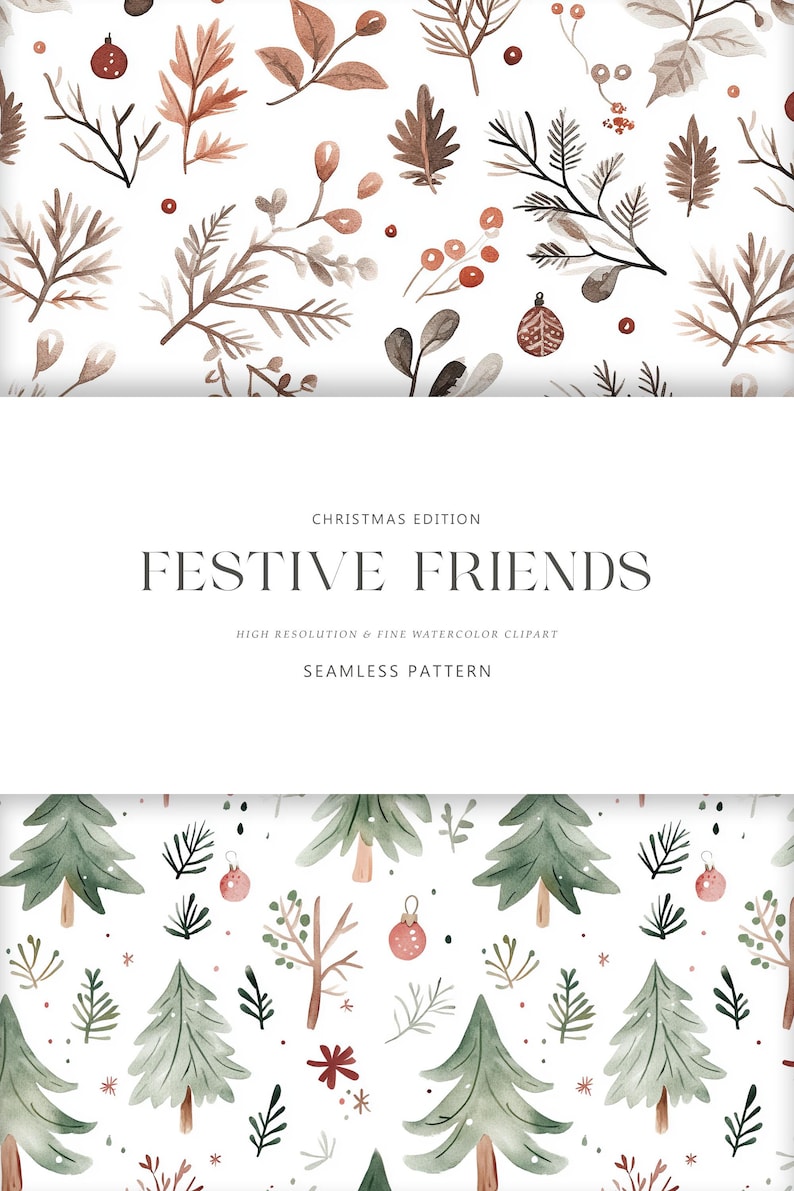 Peut inclure: Un motif sans couture avec des illustrations aquarelle de verdure festive, de baies et d'ornements. Le motif est parfait pour les travaux manuels de vacances, le papier d'emballage et d'autres projets cr&eacute;atifs.