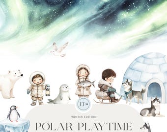 Cute Arctic Animals Clipart - Watercolor Clipart - Polar Wildlife Clipart - Nursery Clipart - Winter Clipart - - COMMERCIAL LICENSE INCLUDED