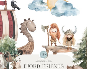 Niedliche Wikinger Clipart - Aquarell Clipart - Nordische Wikinger - Nordische Clipart - Fjord - Waldland - Kinderzimmer - KOMMERZIELLE LIZENZ INBEGRIFFEN