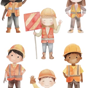 May include: Watercolor illustration featuring six cartoon figures dressed as construction workers. They wear orange safety vests, yellow hard hats, and work boots. One figure holds a red and white striped sign. The text "TINY TOOL TIME" is at the top.