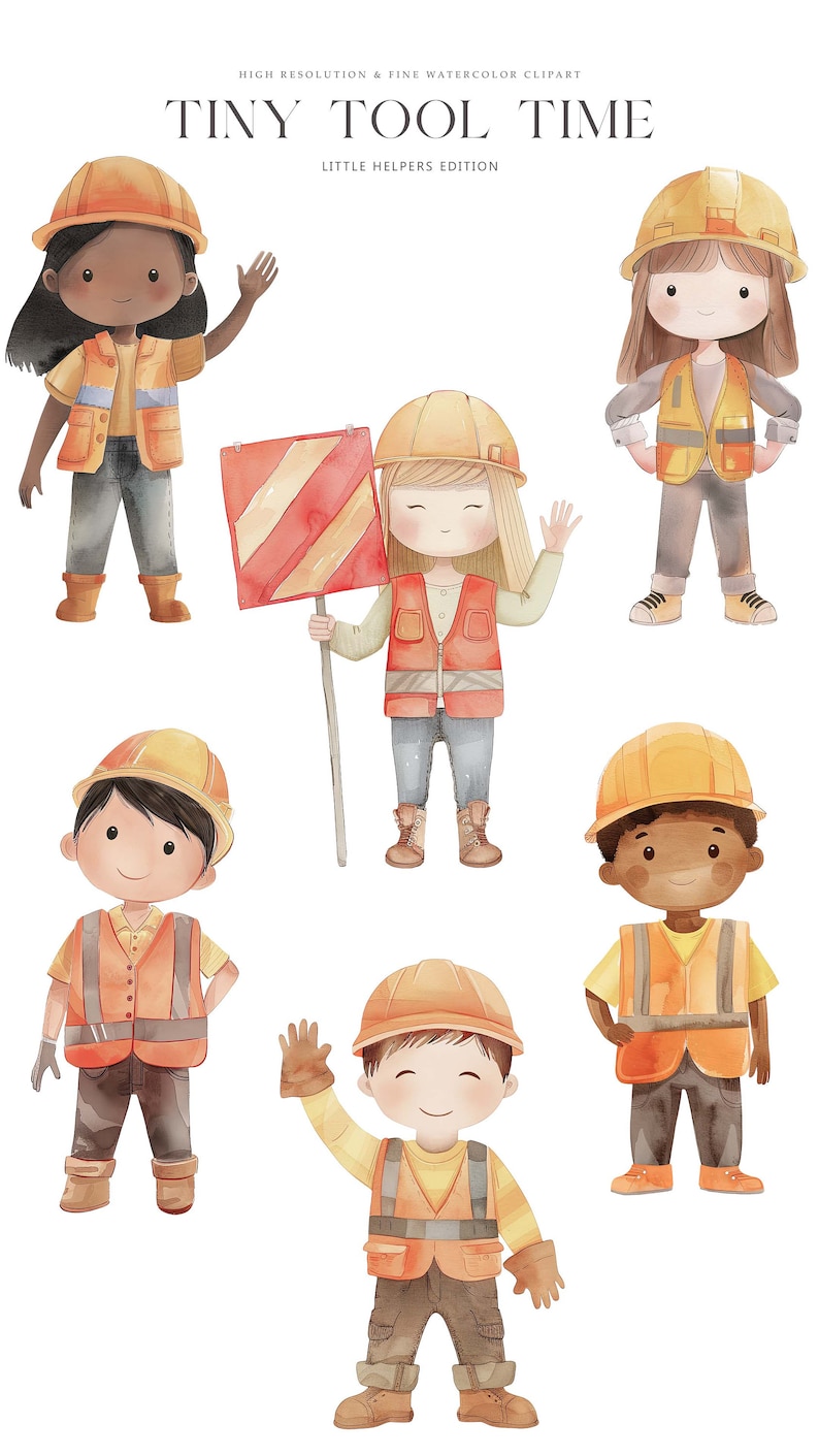 May include: Watercolor illustration featuring six cartoon figures dressed as construction workers. They wear orange safety vests, yellow hard hats, and work boots. One figure holds a red and white striped sign. The text "TINY TOOL TIME" is at the top.