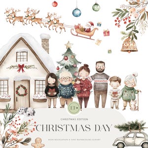 Peut inclure: Une illustration aquarelle d'une famille debout devant une maison recouverte de neige avec un sapin de No&euml;l. La famille est v&ecirc;tue de v&ecirc;tements d'hiver et tient des cadeaux. Un tra&icirc;neau tir&eacute; par des rennes vole dans le ciel au-dessus de la maison. L'illustration est intitul&eacute;e "Christmas Day" et comprend le texte "High Resolution & Fine Watercolor Clipart".