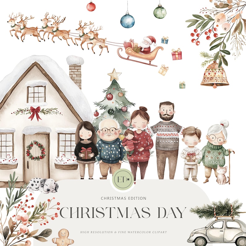 Peut inclure: Une illustration aquarelle d'une famille debout devant une maison recouverte de neige avec un sapin de No&euml;l. La famille est v&ecirc;tue de v&ecirc;tements d'hiver et tient des cadeaux. Un tra&icirc;neau tir&eacute; par des rennes vole dans le ciel au-dessus de la maison. L'illustration est intitul&eacute;e "Christmas Day" et comprend le texte "High Resolution & Fine Watercolor Clipart".