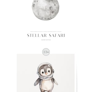 May include: A watercolor illustration of a penguin wearing an astronaut helmet. The penguin is standing on a white background. The image is part of a collection called "Stellar Safari: Safari Edition".