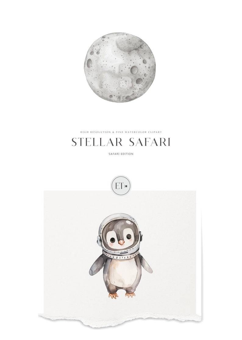 May include: A watercolor illustration of a penguin wearing an astronaut helmet. The penguin is standing on a white background. The image is part of a collection called "Stellar Safari: Safari Edition".