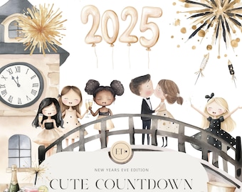 Cute New Years Eve Clipart - Watercolor New Year Clipart - Happy New Year - Celebration Clipart - Festive  - COMMERCIAL LICENSE INCLUDED